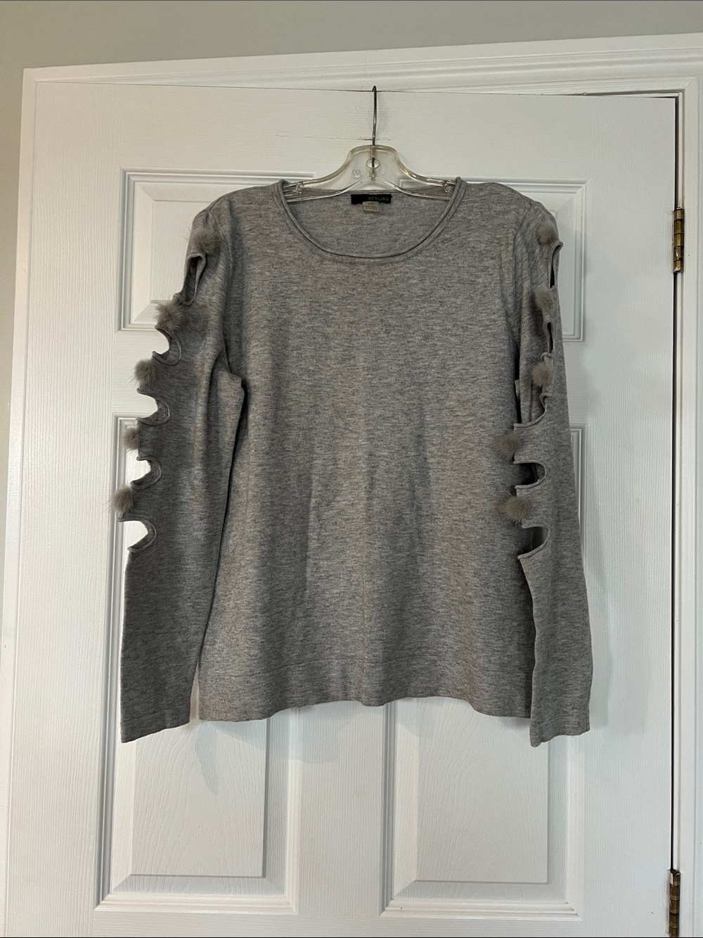 Renuar Gray Long-Sleeve Cutout Sweater with Pom Accents
